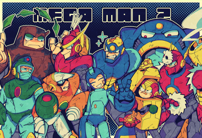 6+boys air_man angry borezet bubble_man clenched_teeth closed_eyes commentary_request covered_mouth crash_man english_text fire flash_man glaring green_eyes heat_man injury male_focus mega_man_(character) mega_man_(classic) mega_man_(series) mega_man_2 metal_man multiple_boys nervous_smile no_humans no_mouth quick_man red_eyes robot smile sweatdrop teeth v wood_man