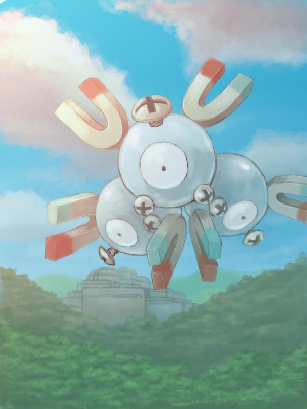 blue_sky building clouds creature floating forest hill kid-ippo magnet magneton nature no_humans outdoors pokemon pokemon_(creature) screw sky sunlight
