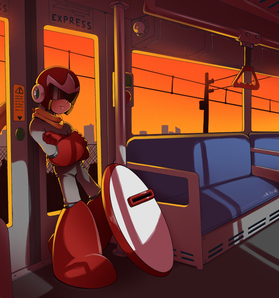 1boy cityscape crossed_arms english_text full_body helmet imbisibol leaning_back looking_at_viewer male_focus mega_man_(classic) mega_man_(series) no_humans proto_man robot scarf shade shield solo sunset train_interior yellow_scarf