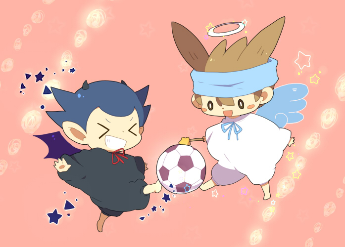 &gt;_&lt; 2boys angel_and_devil angel_wings ball black_eyes black_hair black_robe blue_ribbon blush_stickers bright_pupils brown_hair demon_horns demon_wings grin halo holding holding_wand horns inazuma_eleven inazuma_eleven_(series) kicking kinota_(ki286sa) kogure_yuuya multiple_boys nishizono_shinsuke open_mouth pink_background red_ribbon ribbon robe smile soccer_ball star_(symbol) triangle wand white_halo white_pupils white_robe wings