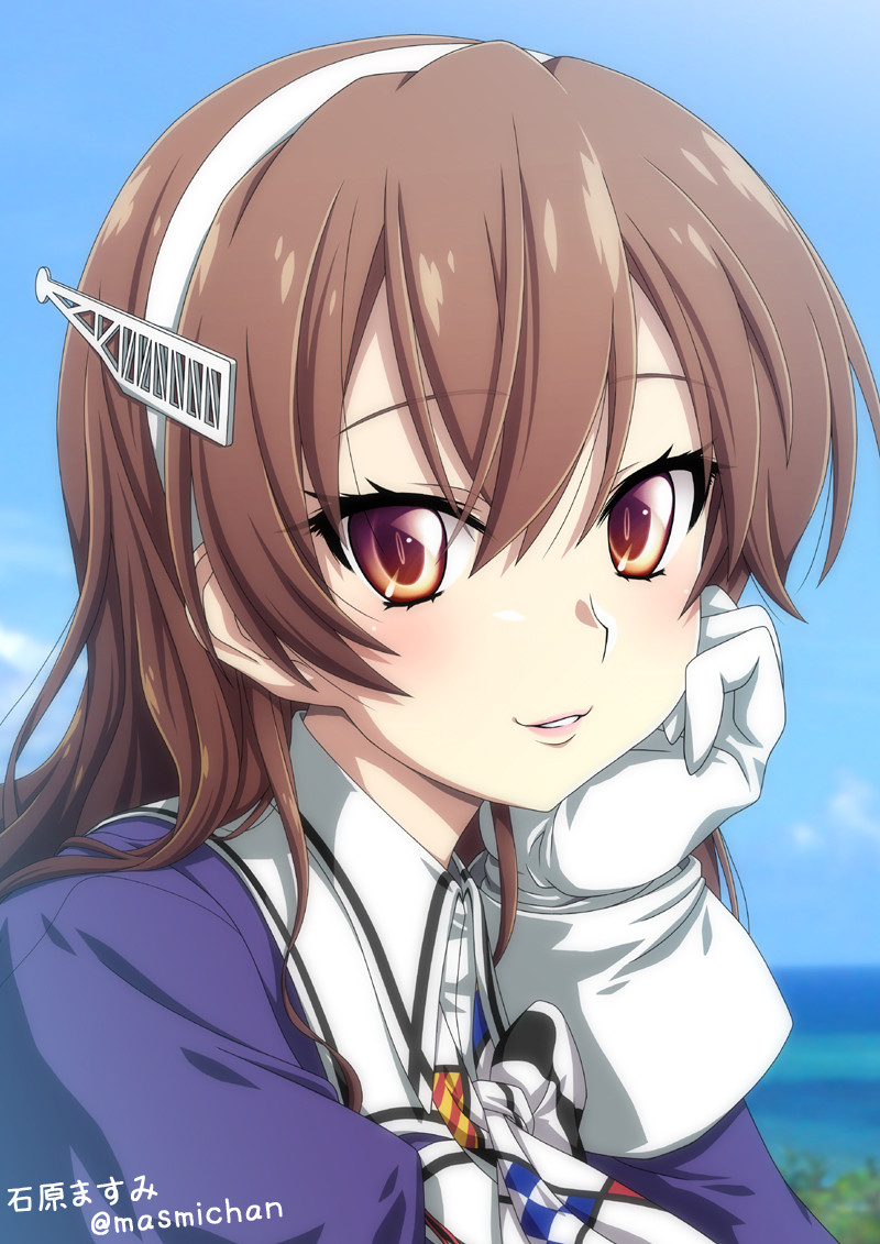 1girl artist_name ashigara_(kancolle) ashigara_kai_ni_(kancolle) blue_sky brown_eyes brown_hair clouds day gloves hairband hand_on_own_chin ishihara_masumi kantai_collection long_hair looking_at_viewer military military_uniform multicolored_neckerchief outdoors parted_lips sky solo uniform upper_body wavy_hair white_gloves