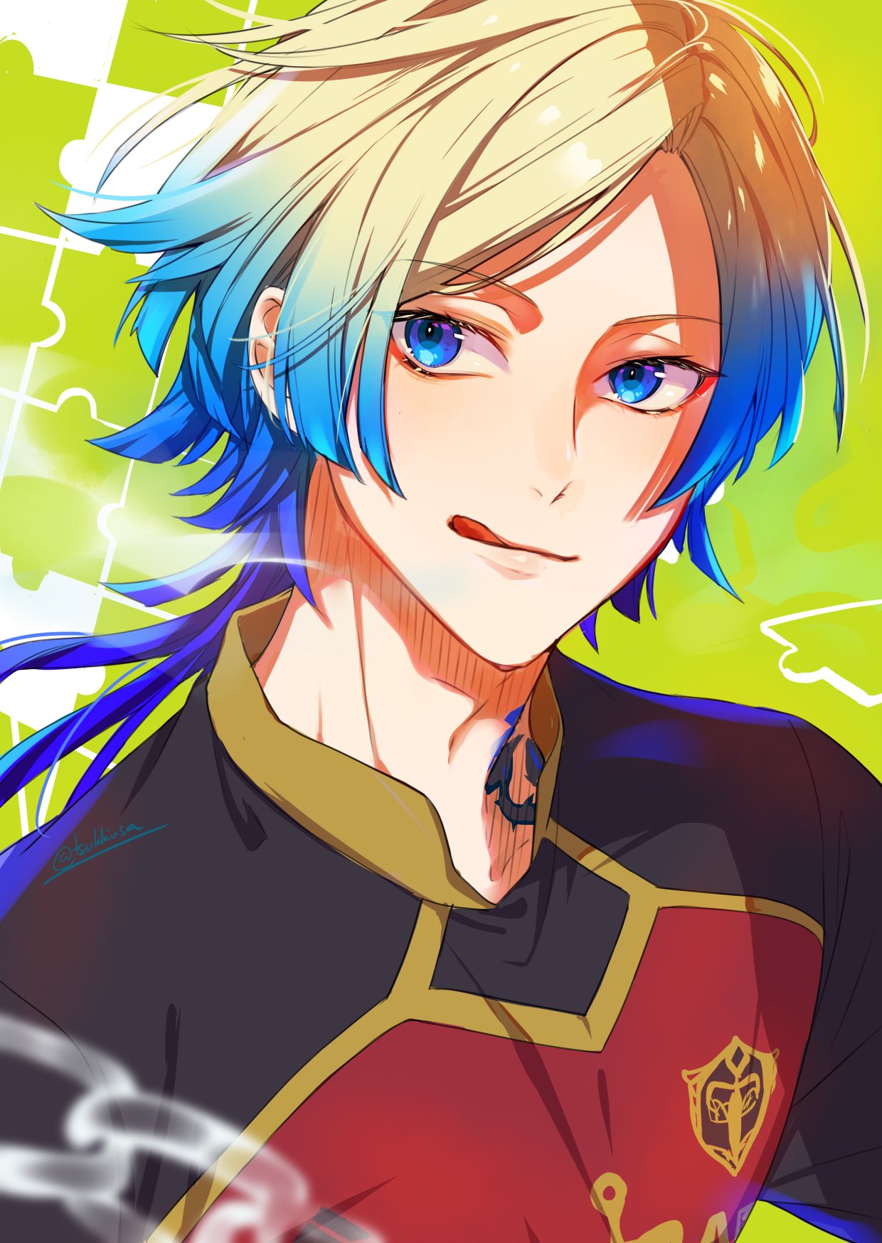 1boy :q black_shirt blonde_hair blue_eyes blue_hair blue_lock closed_mouth collared_shirt green_background highres long_hair looking_at_viewer male_focus michael_kaiser multicolored_hair neck_tattoo puzzle_piece red_shirt shirt soccer_uniform solo sportswear tattoo tongue tongue_out tsukky two-tone_hair two-tone_shirt upper_body