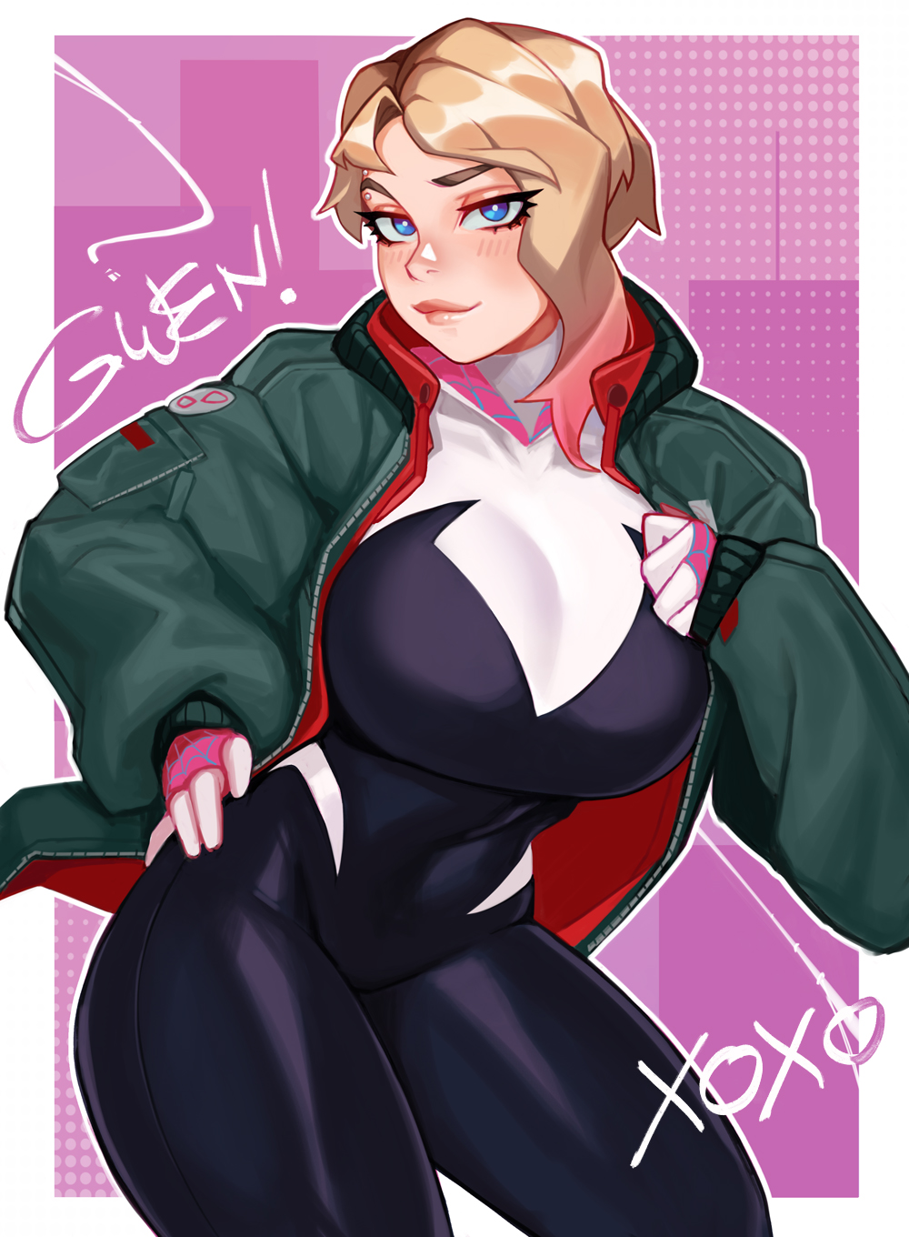 1girl alternate_breast_size black_bodysuit blonde_hair blush bodysuit breasts character_name contrapposto cowboy_shot green_jacket highres jacket large_breasts looking_at_viewer open_clothes open_jacket pink_background qtori red_jacket short_hair smile solo spider-gwen spider-man:_across_the_spider-verse white_background white_bodysuit