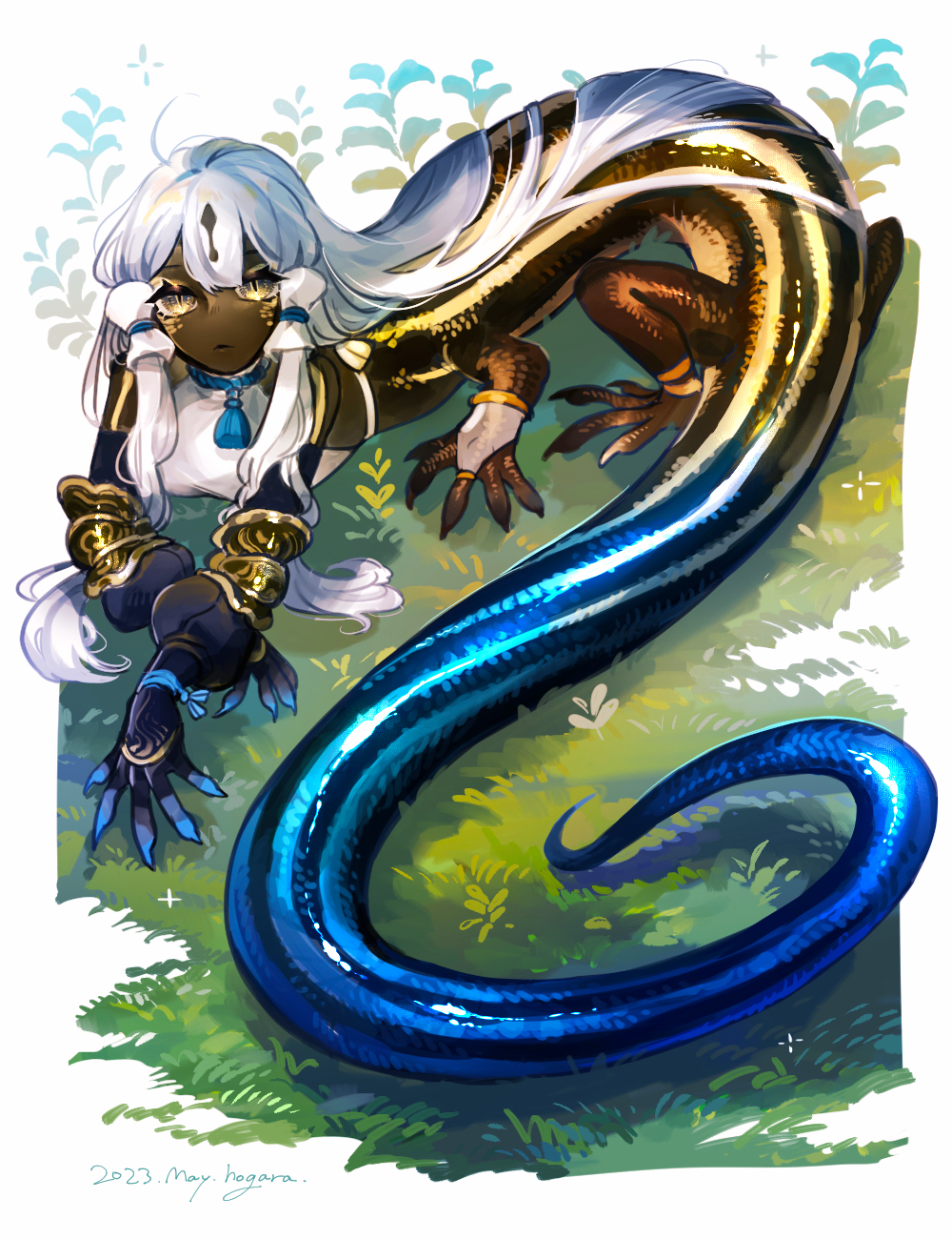 1girl bridal_gauntlets centauroid claws commentary_request dark-skinned_female dark_skin dated full_body grass highres hogara japanese_skink long_hair looking_at_viewer lying monster_girl on_stomach original reptile_girl signature slit_pupils solo tail taur very_dark_skin very_long_hair white_hair yellow_eyes