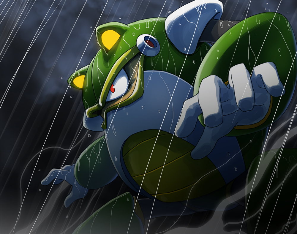 1boy clouds covered_mouth dark_clouds english_commentary frog gloves imbisibol male_focus mega_man_(classic) mega_man_(series) mega_man_4 no_humans non-humanoid_robot outdoors rain red_eyes robot robot_animal solo toad_man wet white_gloves