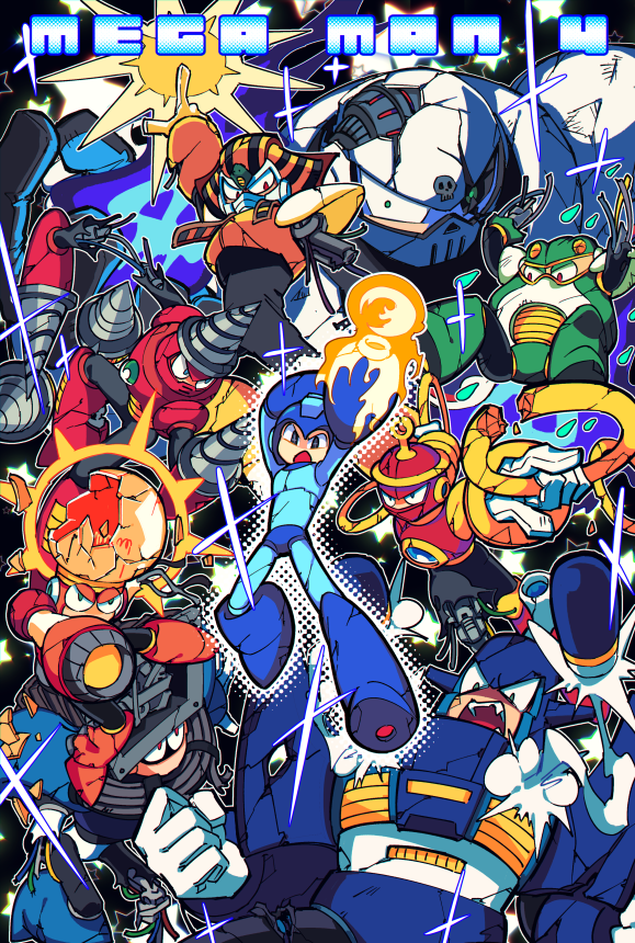 6+boys arm_cannon blue_eyes borezet bright_man commentary_request covered_mouth dive_man drill drill_man dust_man english_text glaring green_eyes helmet injury male_focus mega_man_(character) mega_man_(classic) mega_man_(series) mega_man_4 missile multiple_boys no_humans no_mouth pharaoh_man red_eyes ring_man robot skull_man toad_man weapon