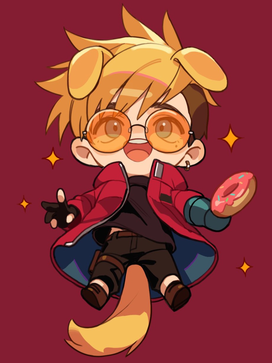 1boy animal_ears black_gloves black_pants blonde_hair brown_footwear chibi coat dog_boy dog_ears dog_tail doughnut earrings fingerless_gloves food glasses gloves highres jewelry just_punisher long_sleeves looking_at_viewer male_focus mole mole_under_eye orange-tinted_eyewear pants prosthesis prosthetic_arm red_background red_coat round_eyewear shoes short_hair simple_background single_earring solo tail tinted_eyewear trigun trigun_stampede vash_the_stampede