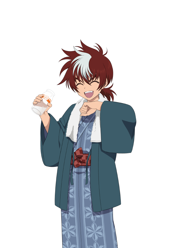 1boy bottle brown_hair caius_qualls closed_eyes english_commentary holding holding_bottle male_focus milk multicolored_hair official_art open_mouth solo streaked_hair tales_of_(series) tales_of_asteria tales_of_the_tempest teeth towel towel_around_neck transparent_background upper_teeth_only white_hair wide_sleeves