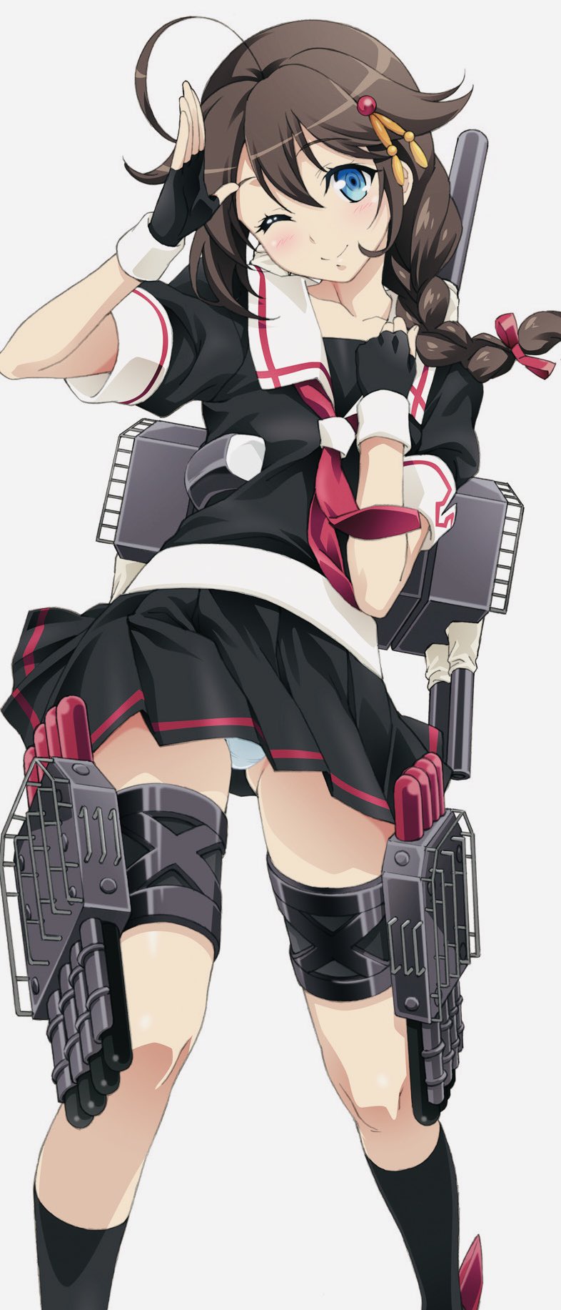 1girl ahoge black_hair black_serafuku black_socks blue_eyes braid commentary_request feet_out_of_frame hair_flaps hair_ornament hair_over_shoulder highres kantai_collection long_hair pantyshot salute school_uniform serafuku shigure_(kancolle) shigure_kai_ni_(kancolle) simple_background single_braid skirt socks solo torpedo_launcher watanabe_yoshihiro white_background