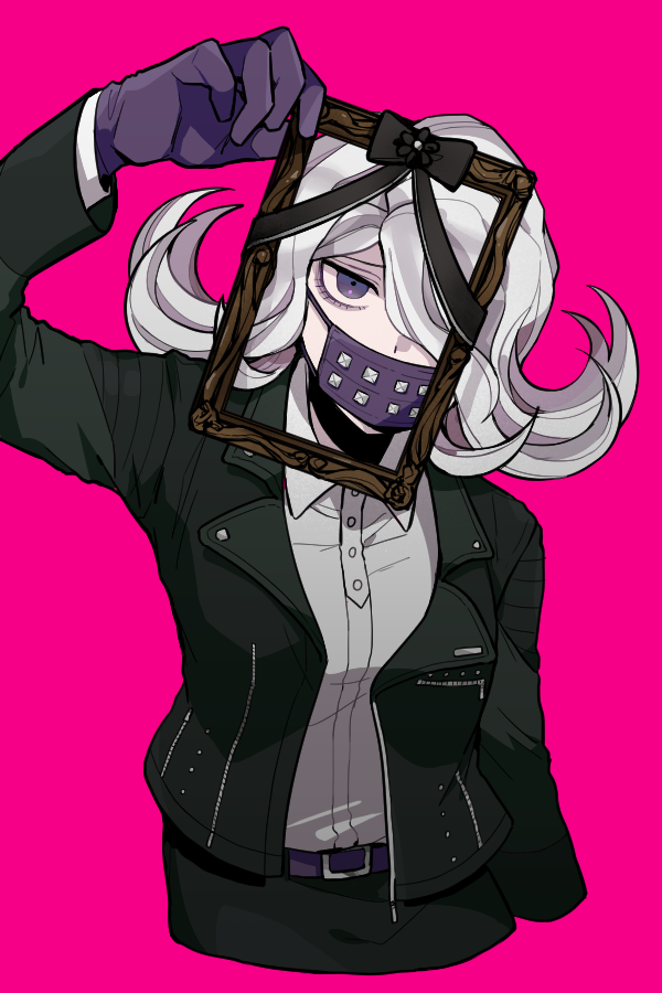 1girl black_bow black_gloves black_jacket black_skirt bow collared_shirt danganronpa_(series) danganronpa_3_(anime) dress_shirt flipped_hair gloves grey_hair grey_shirt hair_over_one_eye holding_frame iei jacket kimura_seiko long_hair long_sleeves looking_at_viewer mask mouth_mask open_clothes open_jacket pink_background shimada_(dmisx) shirt shirt_tucked_in simple_background skirt solo violet_eyes