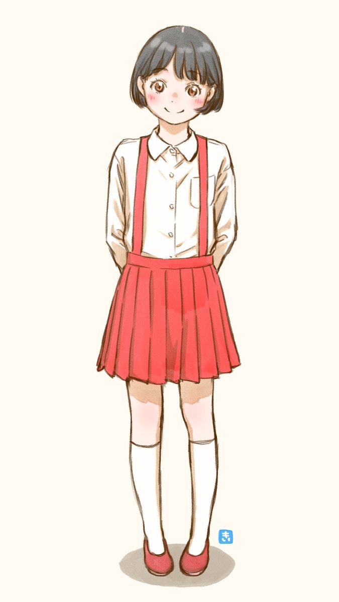 1girl arms_behind_back black_hair blush brown_eyes chibi_maruko-chan collared_shirt full_body highres key_(kagibangou) kneehighs long_sleeves looking_at_viewer red_footwear red_skirt sakura_momoko shirt short_hair simple_background skirt smile socks solo suspender_skirt suspenders white_background white_shirt white_socks