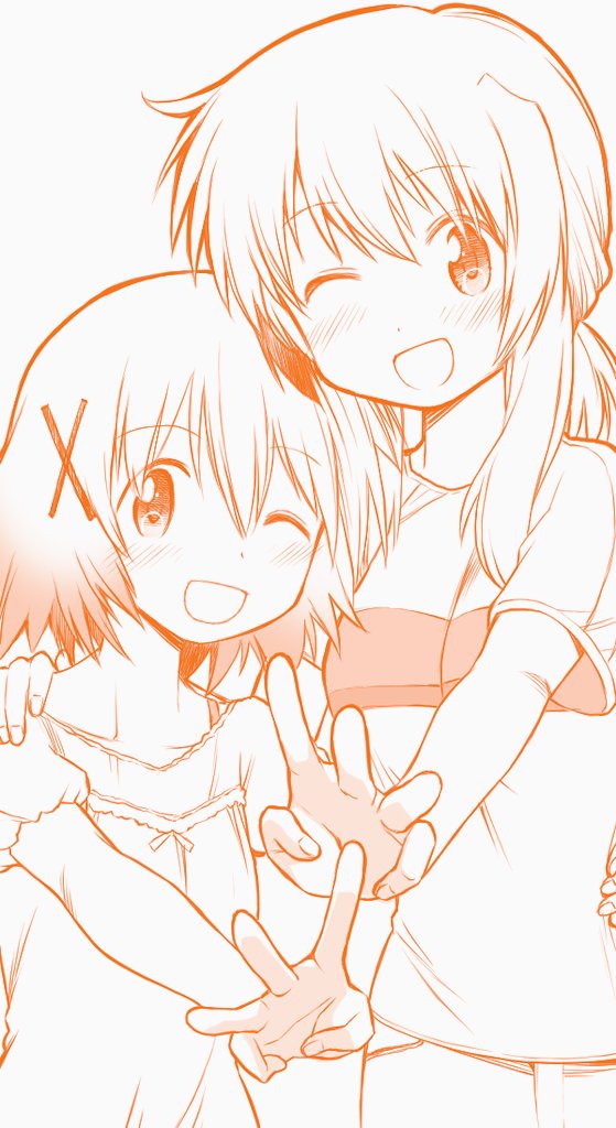 2girls epsg3395 hair_ornament hand_on_another's_shoulder hidamari_sketch long_hair looking_at_viewer miyako_(hidamari_sketch) multiple_girls one_eye_closed open_mouth simple_background standing white_background yuno_(hidamari_sketch)