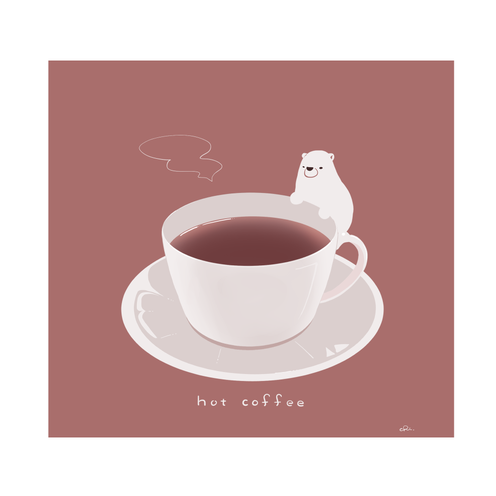 animal bear border chai_(drawingchisanne) climbing coffee coffee_cup commentary_request cup disposable_cup drink english_text food_focus no_humans original plate polar_bear red_background shirokuma-san_(drawingchisanne) signature steam white_border