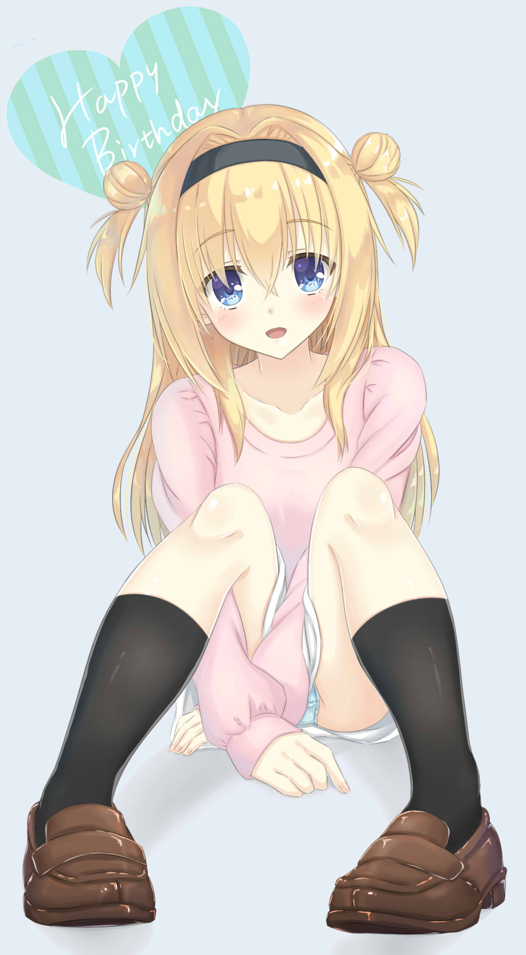 1girl :d between_legs black_hairband black_socks blonde_hair blue_eyes blue_panties blush brown_footwear chitose_sana collarbone colored_eyelashes commentary covering covering_crotch crossed_bangs double-parted_bangs double_bun eyes_visible_through_hair full_body grey_background hair_between_eyes hair_bun hair_intakes hair_over_shoulder hairband hand_between_legs happy_birthday heart highres hirocchi knees_up legs loafers long_hair looking_at_viewer miniskirt open_mouth panties panty_peek pink_sweater shoes sidelocks simple_background sitting skirt sleeves_past_wrists smile socks solo straight-on sweater tenshinranman two_side_up underwear upturned_eyes white_skirt