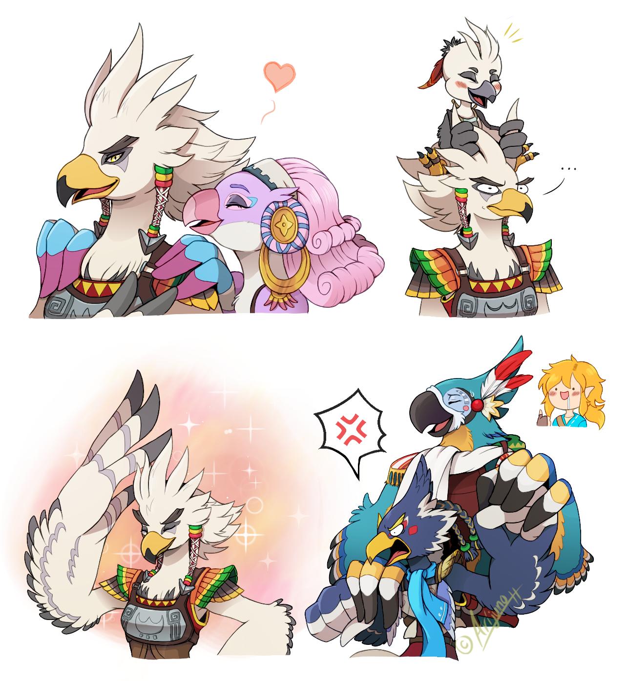 ... 1girl 6+boys ^_^ anger_vein angry animal_feet arijuno arm_up armor artist_name beak bird_boy bird_girl black_eyes black_fur blonde_hair blue_fur blue_scarf blue_shirt blush body_fur breastplate carrying claws clenched_hands closed_eyes closed_mouth commentary constricted_pupils cropped_torso drooling earrings english_commentary father_and_son feather_hair_ornament feathers furry furry_female furry_male grey_fur hair_ornament hair_tubes hand_on_another's_shoulder hands_on_another's_shoulders happy headband heart highres holding_hands hoop_earrings husband_and_wife jewelry kass link looking_at_viewer male_child medium_hair multicolored_fur multiple_boys multiple_views notice_lines open_mouth piggyback pink_hair profile purple_fur red_feathers revali rito saki_(zelda) saliva scarf shirt short_hair shoulder_pads signature simple_background smile sparkle speech_bubble spiky_hair spoken_ellipsis spoken_heart teba_(zelda) the_legend_of_zelda the_legend_of_zelda:_breath_of_the_wild thumbs_up tongue tulin_(zelda) twitter_username upper_body v-shaped_eyebrows white_background white_fur white_hair white_headband white_scarf yellow_eyes yellow_fur
