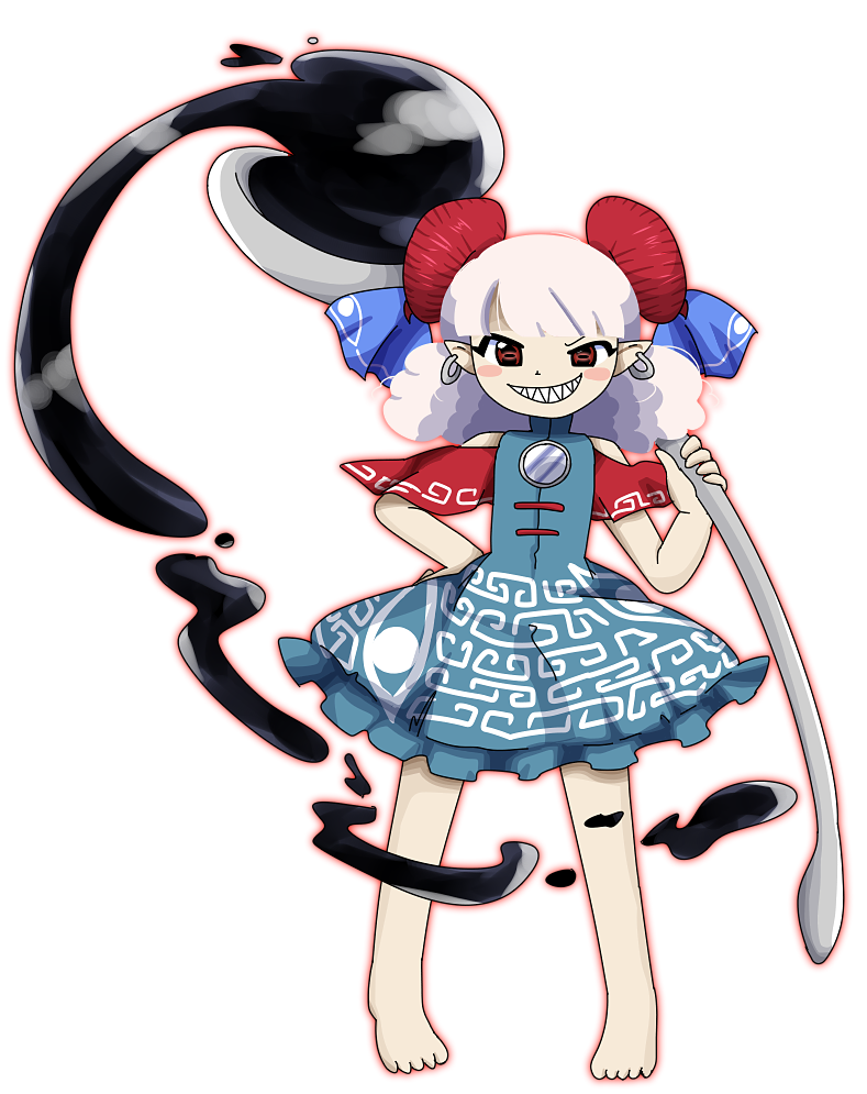 1girl aurora_artz barefoot blue_dress blue_ribbon curled_horns dress earrings full_body grin hand_on_own_hip holding horn_ornament horn_ribbon horns jewelry looking_at_viewer medium_hair pointy_ears red_eyes red_horns ribbon sharp_teeth simple_background smile solo teeth touhou touhou_gouyoku_ibun toutetsu_yuuma utensil white_background white_hair zun_(style)