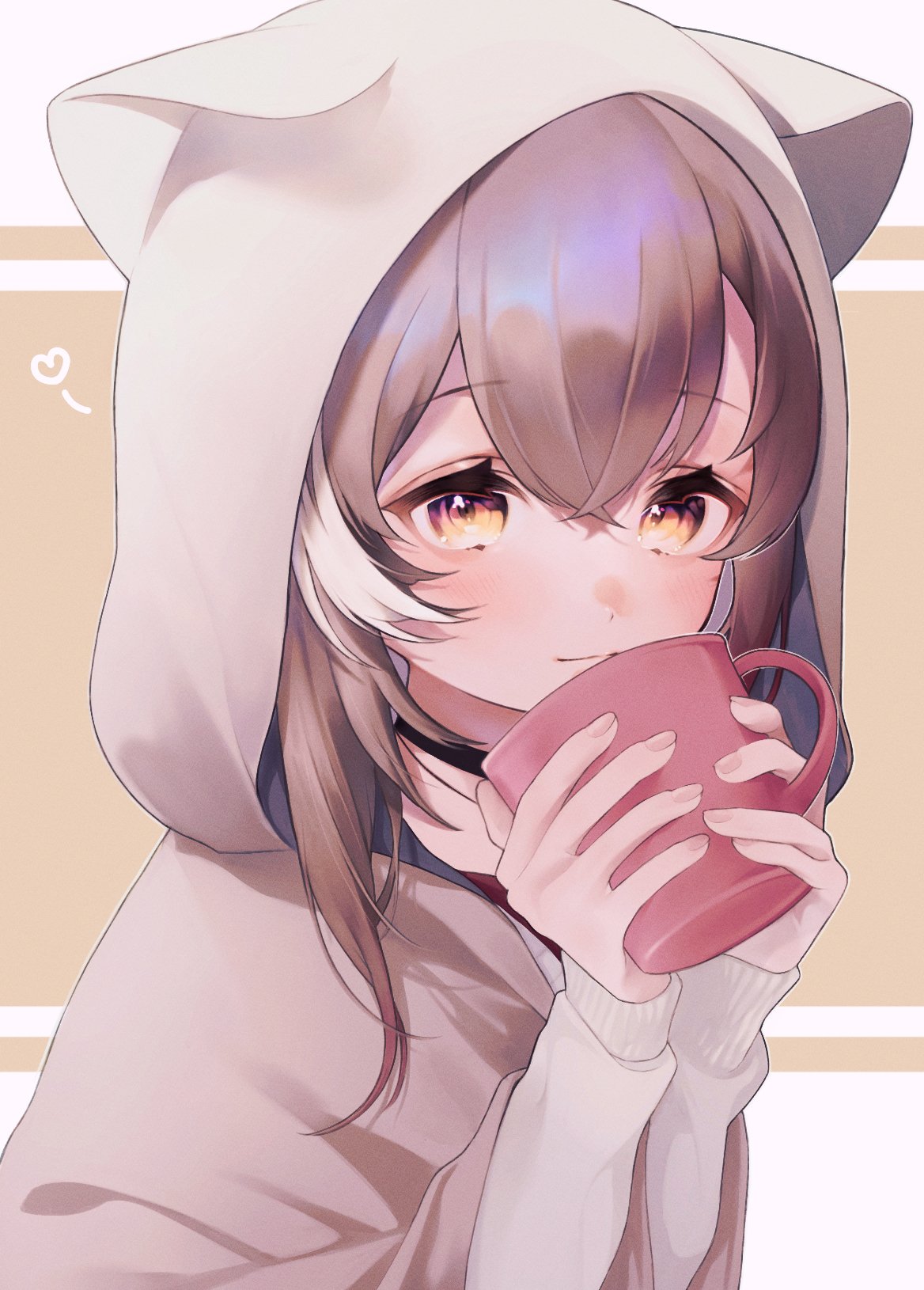 ahoge amane_0e0 animal_hood black_choker brown_eyes brown_hair brown_hoodie choker crossed_bangs cup ears_through_headwear fingernails highres holding holding_cup hololive hololive_english hood hood_up hoodie jewelry long_hair looking_at_viewer mug multicolored_hair nanashi_mumei nanashi_mumei_(3rd_costume) necklace official_alternate_costume oversized_clothes red_shirt shirt simple_background smile streaked_hair sweater virtual_youtuber white_sweater