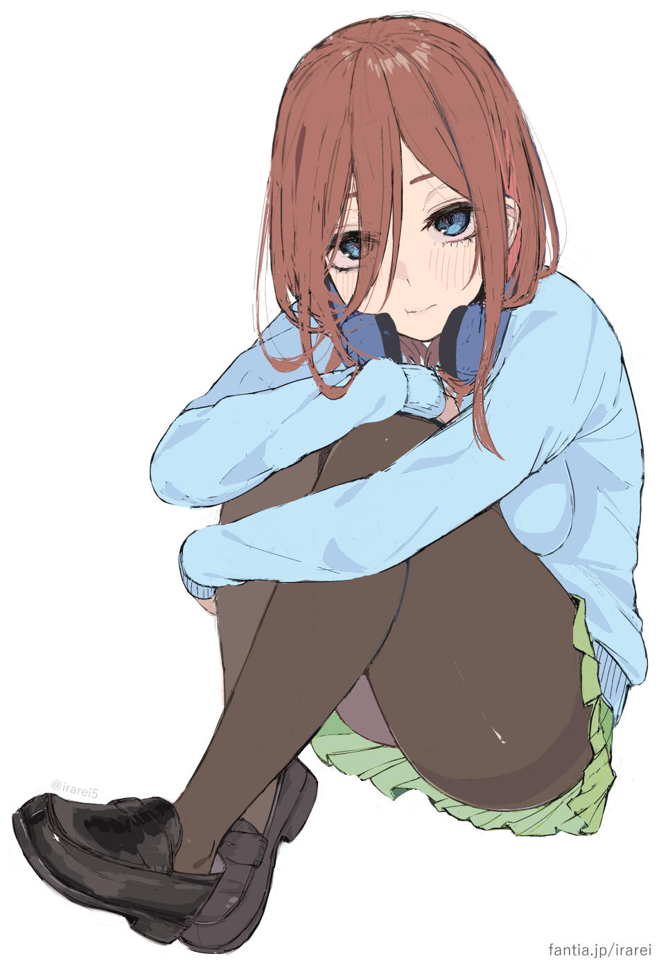 1girl :t black_footwear black_pantyhose blue_eyes blue_sweater blush breasts brown_hair closed_mouth commentary_request crossed_legs eyebrows_hidden_by_hair eyelashes eyes_visible_through_hair full_body go-toubun_no_hanayome green_skirt headphones headphones_around_neck highres hugging_own_legs irarei_(araisanblog) large_breasts legs loafers long_hair looking_at_viewer miniskirt nakano_miku paid_reward_available pantyhose pleated_skirt school_uniform shoes simple_background skirt sleeves_past_wrists solo straight_hair sweater thighband_pantyhose thighs twitter_username upturned_eyes wavy_mouth web_address white_background