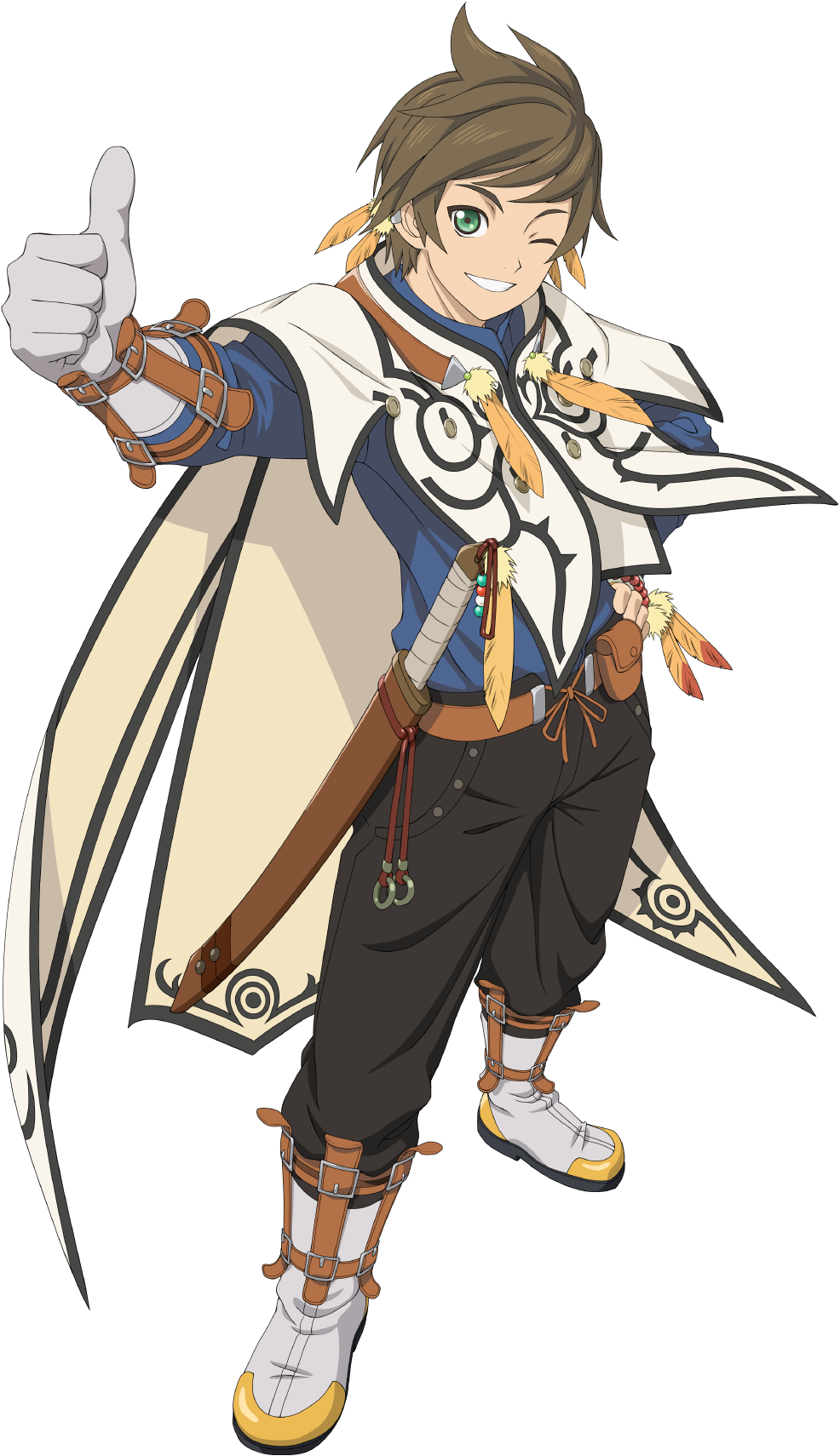 1boy boots brown_hair english_commentary feathers full_body gloves green_eyes highres male_focus official_art one_eye_closed pants single_glove smile solo sorey_(tales) tales_of_(series) tales_of_asteria tales_of_zestiria thumbs_up transparent_background