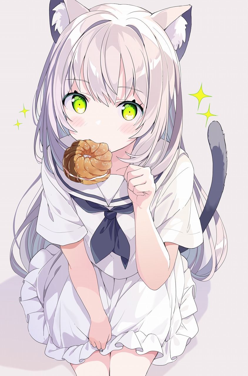 1girl animal_ear_fluff animal_ears black_neckerchief blush cat_ears cat_girl cat_tail commentary cropped_legs doughnut food food_in_mouth frilled_skirt frills from_below green_eyes grey_background hair_between_eyes hair_intakes hand_up highres long_hair looking_at_viewer neckerchief original paw_pose sailor_collar school_uniform serafuku short_sleeves simple_background sitting skirt solo sparkle symbol-only_commentary tail tantan_men_(dragon) white_hair white_sailor_collar white_serafuku white_skirt