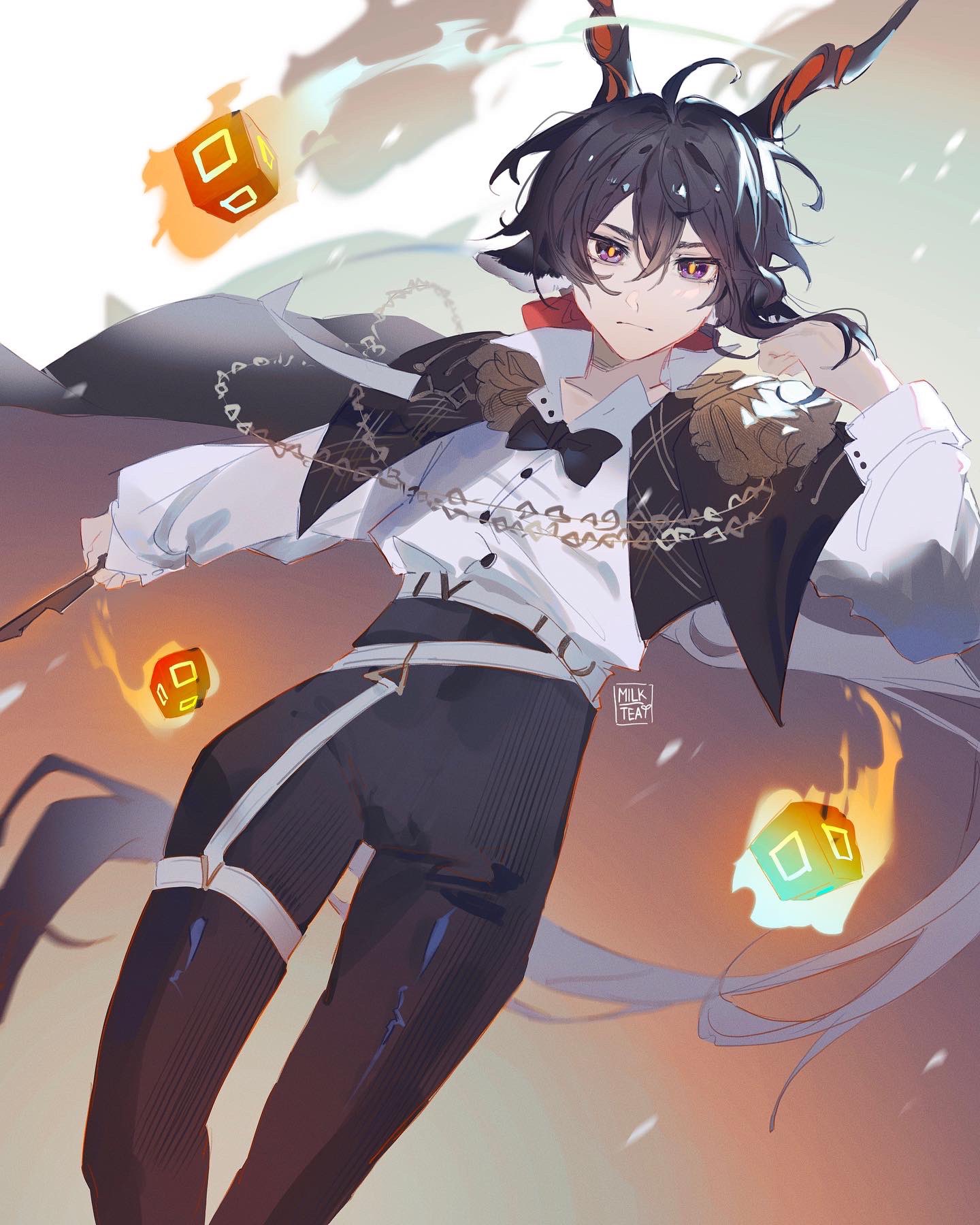1boy animal_ears arknights belt black_bow black_bowtie black_cape black_hair black_pants bow bowtie cape chain closed_mouth commentary cube ebenholz_(arknights) ebenholz_(eine_variation)_(arknights) english_commentary epaulettes expressionless feet_out_of_frame floating floating_object goat_boy goat_ears goat_horns hair_between_eyes hair_bow hair_flip high-waist_pants highres holding holding_wand horns long_hair long_sleeves looking_at_viewer low_ponytail male_focus milktea543 official_alternate_costume pants popped_collar red_bow shirt solo very_long_hair violet_eyes wand white_background white_belt white_shirt yellow_pupils
