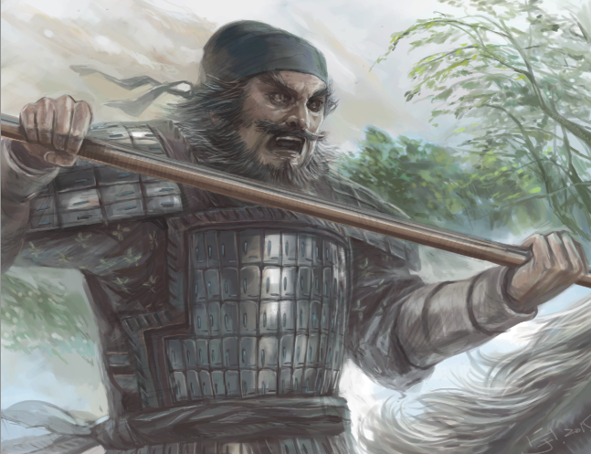 1boy armor beard facial_hair green_headwear holding holding_polearm holding_weapon horse horseback_riding lamellar_armor leeshingyu looking_at_viewer male_focus mustache open_mouth outdoors polearm riding romance_of_the_three_kingdoms scale_armor solo spear standing weapon zhang_fei