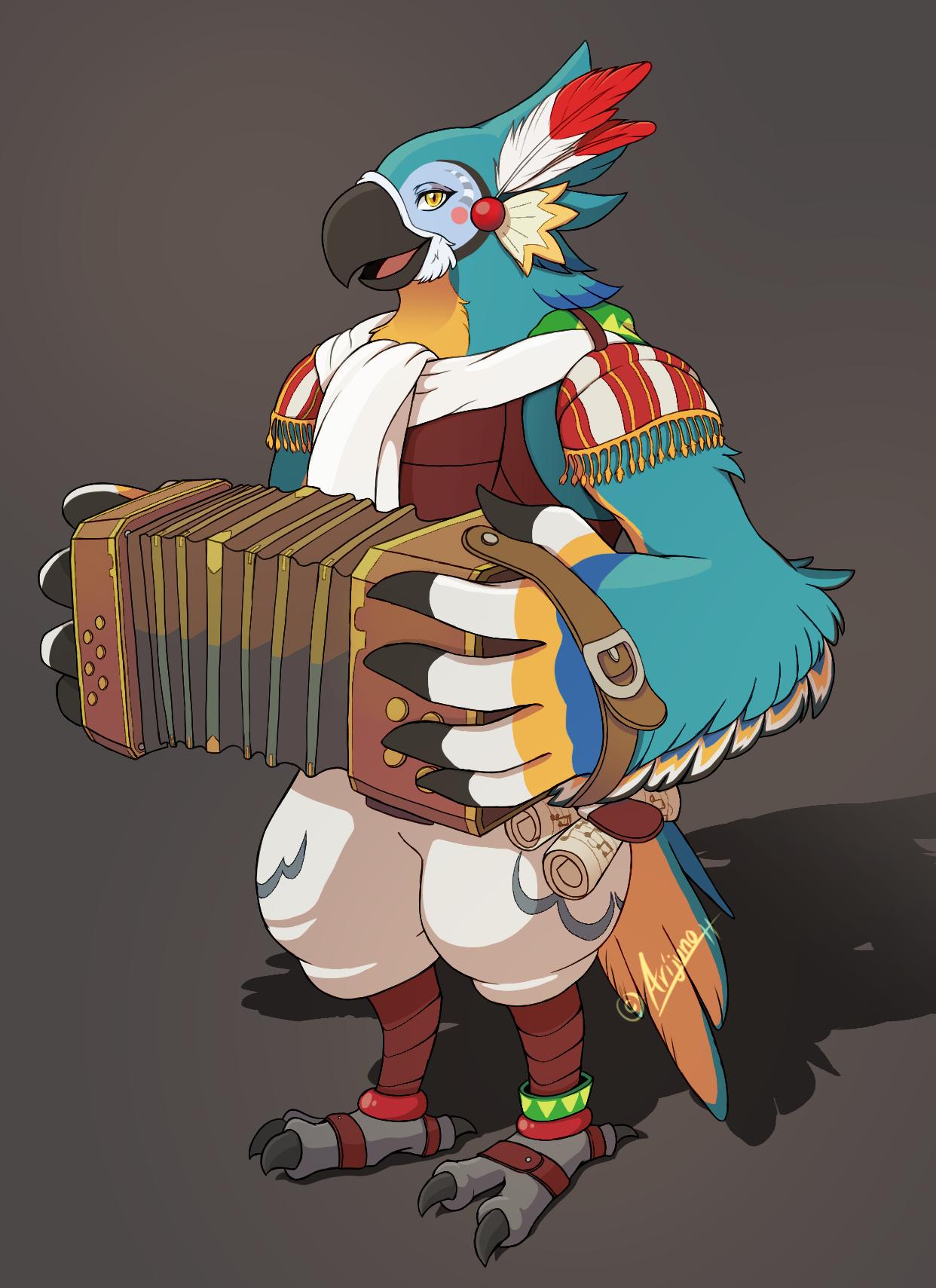 1boy accordion animal_feet anklet arijuno artist_name beak bird_boy bird_legs bird_tail blue_fur blush_stickers body_fur claws commentary english_commentary feather_hair_ornament feathers full_body furry furry_male grey_background hair_ornament hands_up happy highres holding holding_instrument instrument jewelry kass looking_at_viewer male_focus multicolored_fur open_mouth paper red_feathers rito scarf scroll sheet_music signature simple_background smile solo standing tail the_legend_of_zelda the_legend_of_zelda:_breath_of_the_wild twitter_username white_fur white_scarf yellow_eyes yellow_fur