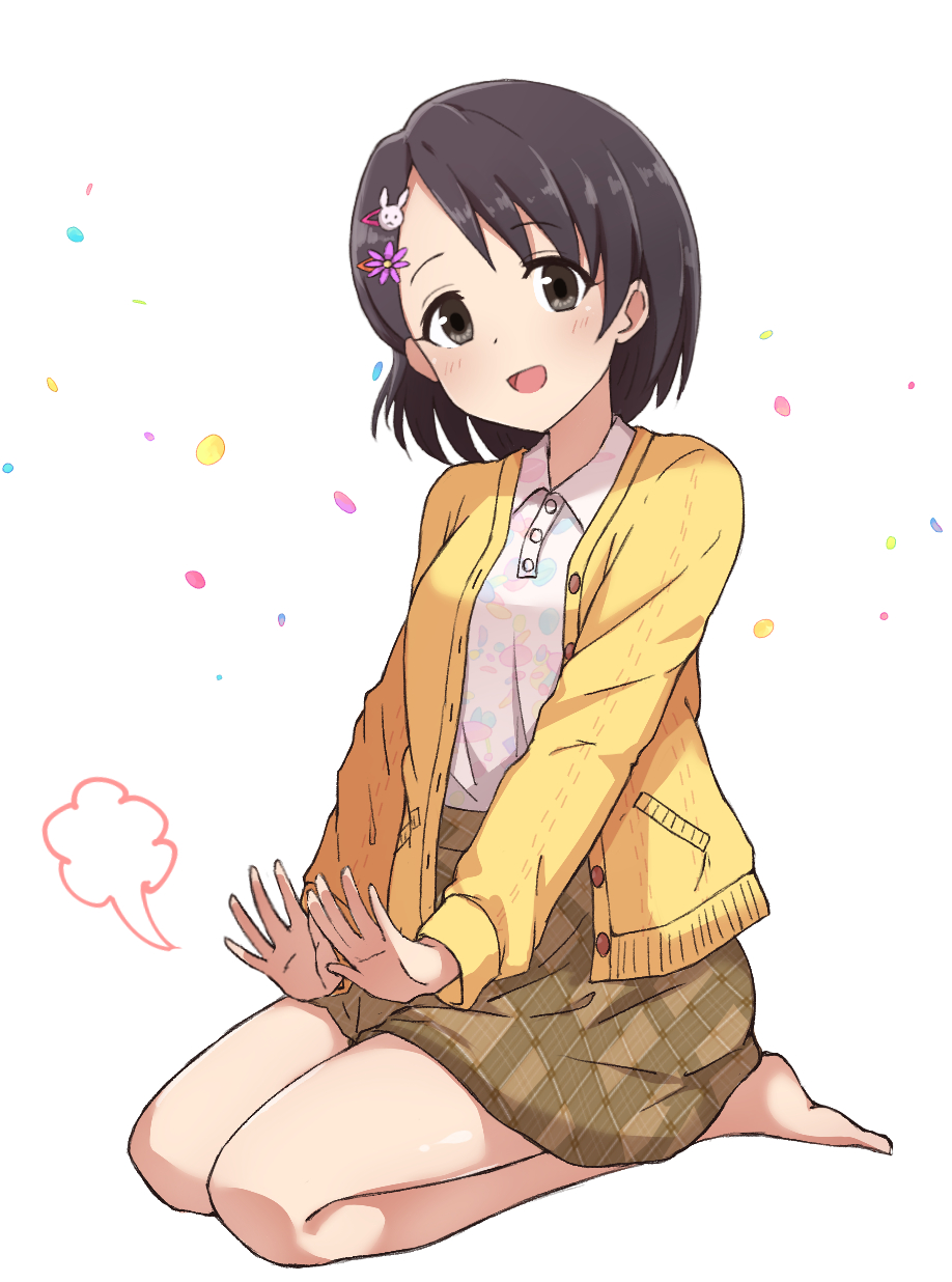 1girl artist_request bare_legs barefoot black_eyes black_hair brown_skirt cardigan commentary_request full_body hair_ornament hairclip highres idolmaster idolmaster_cinderella_girls idolmaster_cinderella_girls_u149 long_sleeves looking_at_viewer miniskirt plaid plaid_skirt sasaki_chie seiza short_hair sitting skirt solo thighs yellow_cardigan