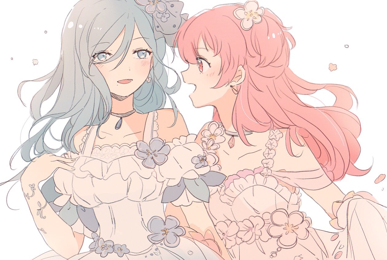 2girls bare_shoulders blue_hair blush clothes_lift commentary dated_commentary dress earrings frilled_dress frills hair_ornament hand_on_own_chest hinomori_shizuku jewelry lifted_by_self light_blue_hair long_hair looking_at_another momoi_airi multiple_girls necklace one_side_up open_mouth petals pink_hair project_sekai seri_(vyrlw) sidelocks simple_background skirt skirt_lift smile upper_body wedding_dress white_background white_dress yuri