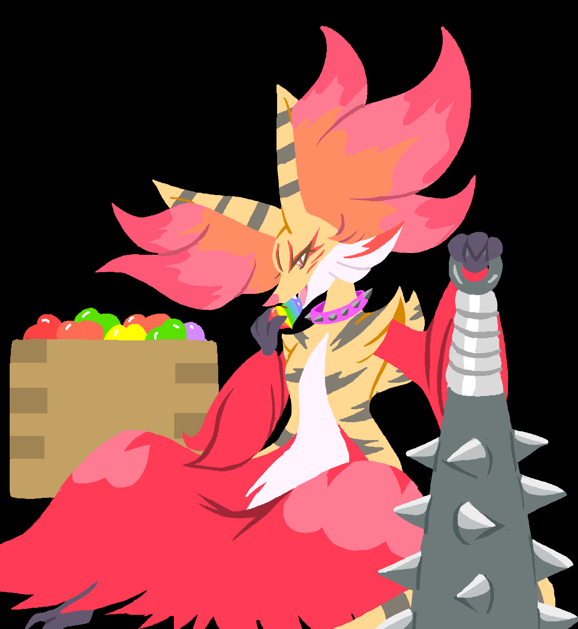 1girl alternate_color animal_ear_fluff beans black_background box brown_fur club_(weapon) collar delphox fang fox furry furry_female gardear058 highres holding holding_weapon kanabou open_mouth pokemon red_fur setsubun simple_background solo spiked_club spiked_collar spikes tiger_stripes weapon yellow_eyes