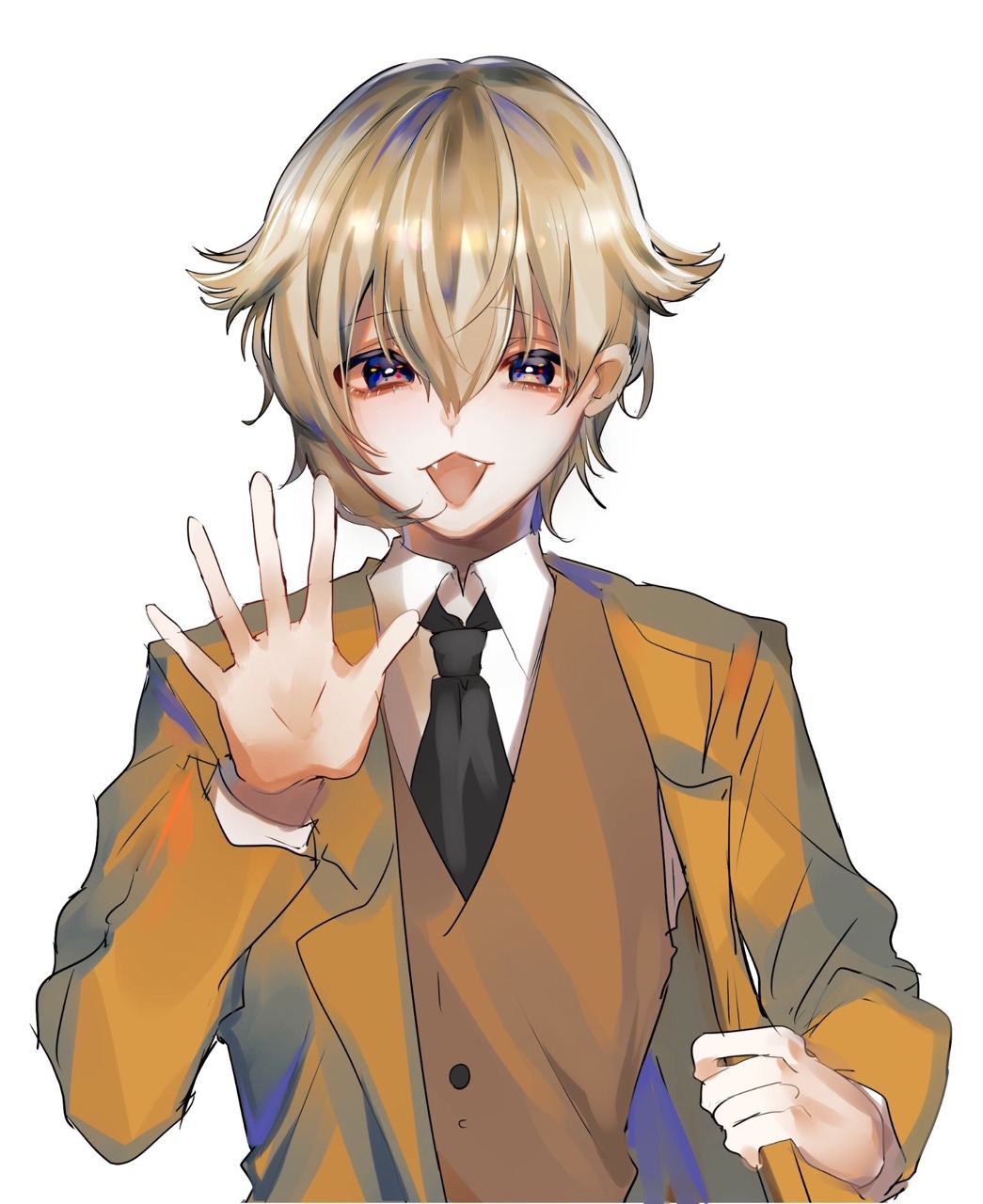 1boy arm_up black_necktie blonde_hair buttons collared_shirt eyelashes fangs hair_tuft highres jacket long_sleeves necktie open_clothes open_jacket open_mouth orange_vest original school_uniform shirt smile suzune_hapinesu tabletop_rpg vest violet_eyes waving white_shirt yellow_jacket