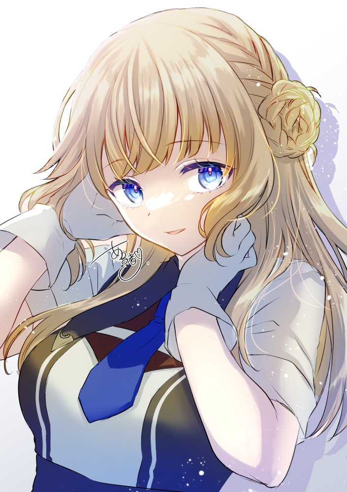 1girl alto2019 artist_name blue_eyes blue_necktie gloves kantai_collection light_brown_hair long_hair looking_at_viewer necktie one-hour_drawing_challenge open_mouth ranger_(kancolle) short_sleeves signature smile solo two-tone_dress upper_body white_gloves