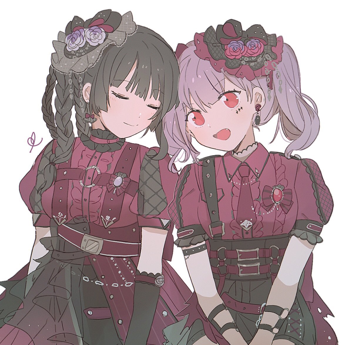 2girls alternate_hairstyle bang_dream! black_hair braid brooch cheek-to-cheek closed_eyes commentary dress earrings elbow_gloves facial_tattoo flower gloves hair_ornament heads_together jewelry mixed-language_commentary multiple_girls puffy_short_sleeves puffy_sleeves purple_hair red_dress red_eyes red_flower red_rose rose seri_(vyrlw) shirokane_rinko short_sleeves side_braid sidelocks simple_background tattoo twintails udagawa_ako upper_body violet_eyes white_background yuri