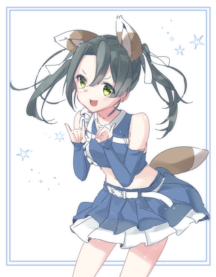 1girl :d \m/ animal_ears belt blue_skirt breasts cowboy_shot crop_top dark_green_hair detached_sleeves fake_animal_ears fake_tail fox_ears fox_tail green_eyes kantai_collection long_hair looking_at_viewer official_alternate_costume official_art pleated_skirt skirt small_breasts smile solo tail totoppo twintails white_belt zuikaku_(kancolle)