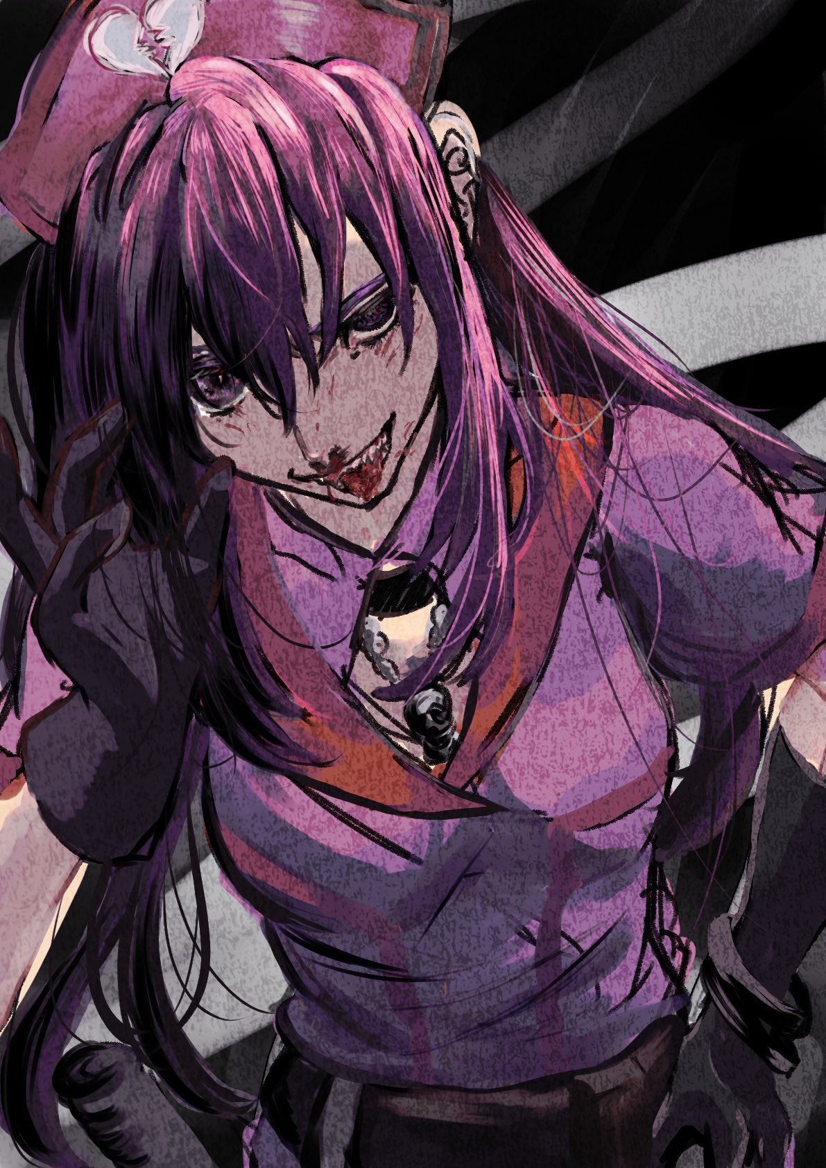 1girl asymmetrical_gloves belt black_background black_belt black_choker black_gloves blood blood_on_face breasts choker evil_smile faux_traditional_media gloves hand_up hat highres jewelry kouzaku_mitori leaning_forward long_hair looking_at_viewer necklace nosebleed nurse nurse_cap official_alternate_costume pink_shirt purple_hair shirt sidelocks sketch skull_necklace small_breasts smile solo standing toaru_kagaku_no_railgun toaru_majutsu_no_index toto_xx twintails two-tone_background upper_body violet_eyes