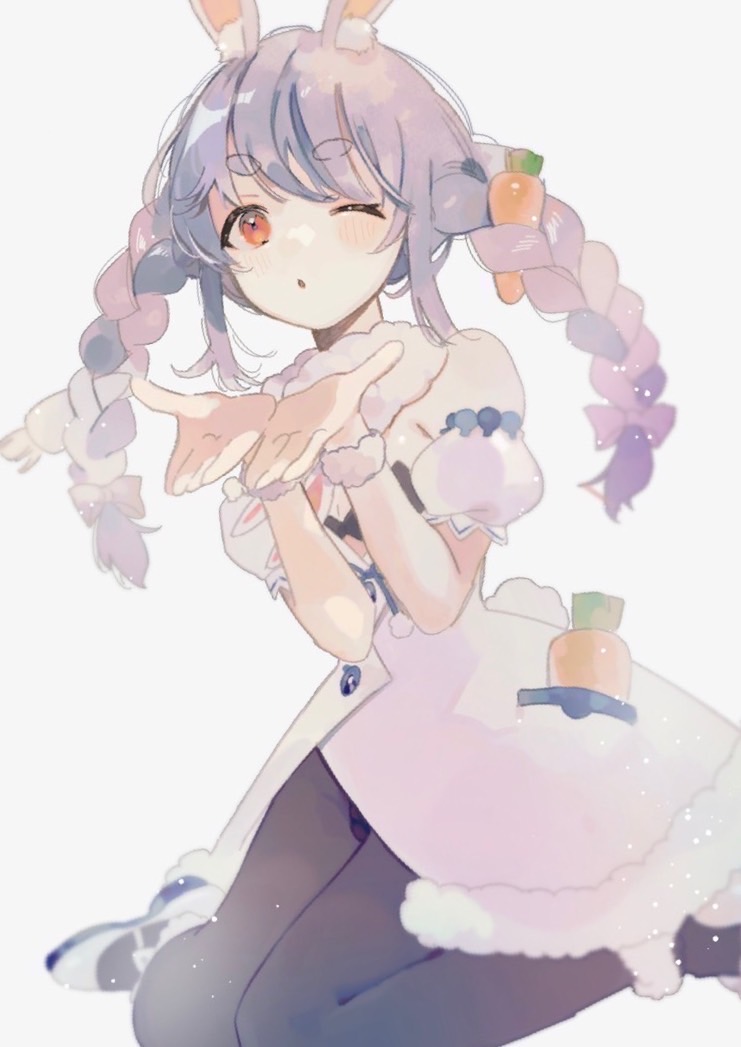 1girl ;o animal_ear_fluff animal_ears black_thighhighs blowing_kiss blue_hair braid carrot_hair_ornament coat commentary_request food-themed_hair_ornament full_body fur_trim grey_background hair_ornament hololive long_hair multicolored_hair one_eye_closed rabbit_ears red_eyes ryokotyu seiza short_eyebrows simple_background sitting solo thigh-highs twin_braids twintails two-tone_hair usada_pekora virtual_youtuber white_coat