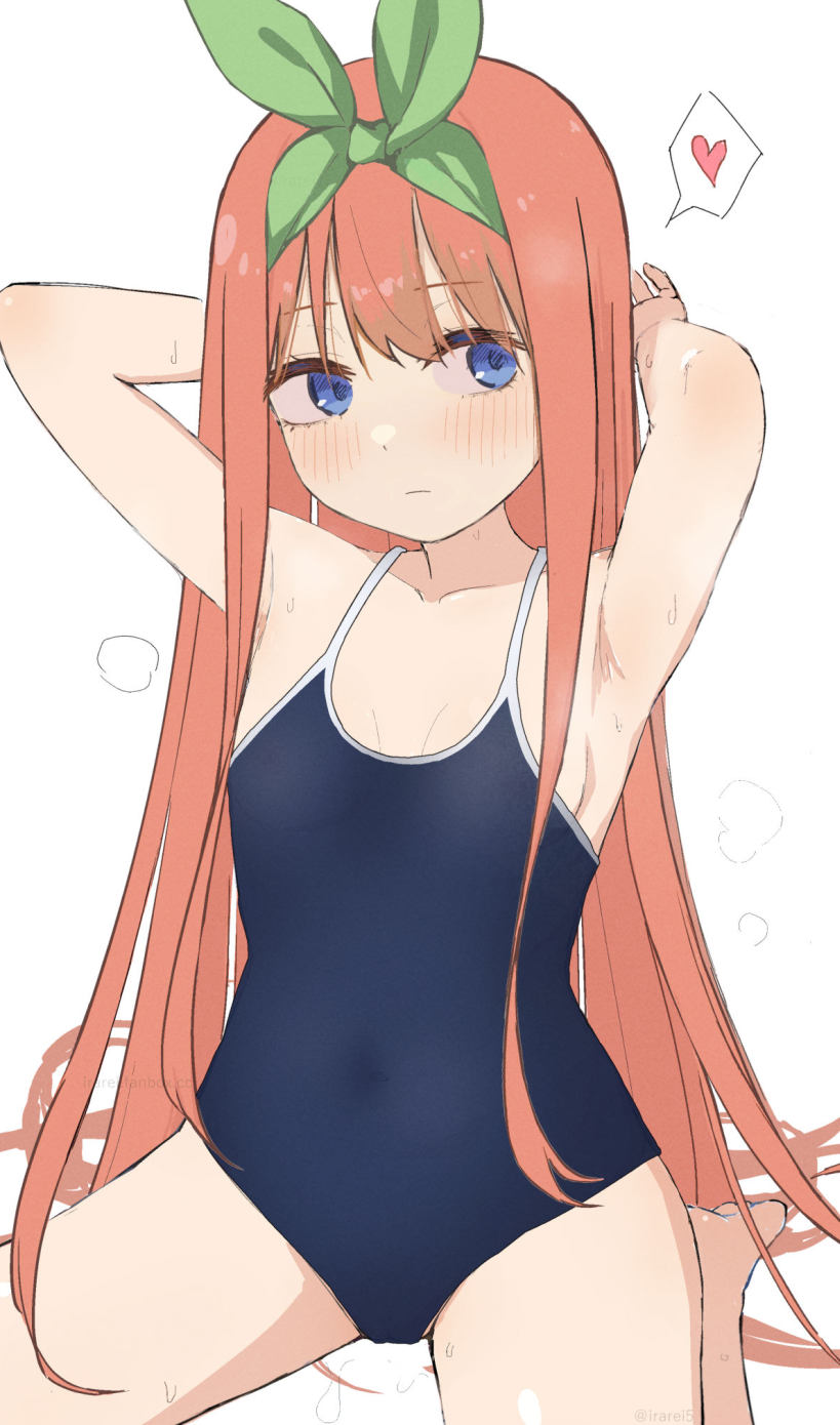 1girl aged_down armpits arms_up bare_arms barefoot blue_eyes blue_one-piece_swimsuit breasts closed_mouth collarbone commentary_request double-parted_bangs expressionless eyelashes female_child go-toubun_no_hanayome green_ribbon hair_between_eyes hair_ribbon hair_spread_out heart highres irarei_(araisanblog) loli long_hair looking_at_viewer nakano_yotsuba one-piece_swimsuit orange_hair paid_reward_available ribbon school_swimsuit simple_background sitting small_breasts solo spoken_heart straight_hair sweat swimsuit variant_set very_long_hair wariza white_background