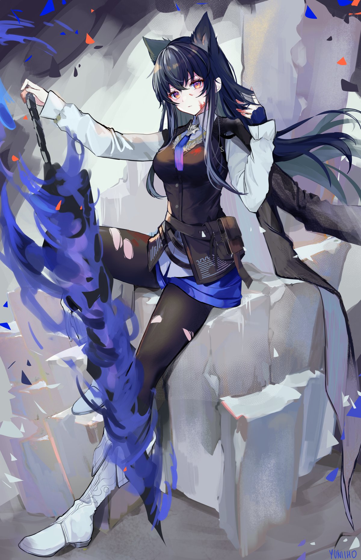 1girl animal_ear_fluff animal_ears arknights black_hair black_jacket black_pantyhose black_vest blood blood_on_face blue_gloves blue_shorts boots breasts collared_shirt commentary_request fingerless_gloves full_body gloves hair_between_eyes hand_on_hilt hands_up highres jacket jacket_on_shoulders long_hair looking_at_viewer medium_breasts pantyhose pantyhose_under_shorts red_eyes shirt short_shorts shorts single_glove solo sword texas_(arknights) texas_the_omertosa_(arknights) torn_clothes torn_pantyhose very_long_hair vest weapon white_footwear white_shirt yuniiho
