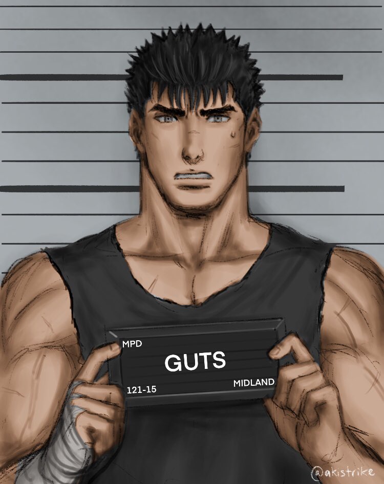 1boy aki_(akistrike) bandaged_hand bandages barbie_mugshot_(meme) berserk black_tank_top chart commentary english_commentary guts_(berserk) holding holding_sign looking_at_viewer male_focus meme scar scar_on_face scar_on_nose short_hair sign solo spiky_hair tank_top teeth toned toned_male