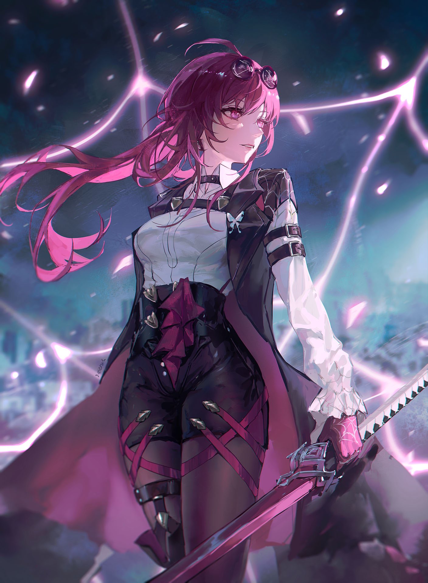1girl ahoge belt black_shorts breasts butterfly_ornament coat english_commentary eyewear_on_head fighting_stance gloves highres holding holding_sword holding_weapon honkai:_star_rail honkai_(series) kafka_(honkai:_star_rail) katana large_breasts long_hair open_clothes open_coat parted_lips ponytail purple_gloves purple_hair shirt shorts solo standing sword violet_eyes weapon white_shirt white_sleeves zieru