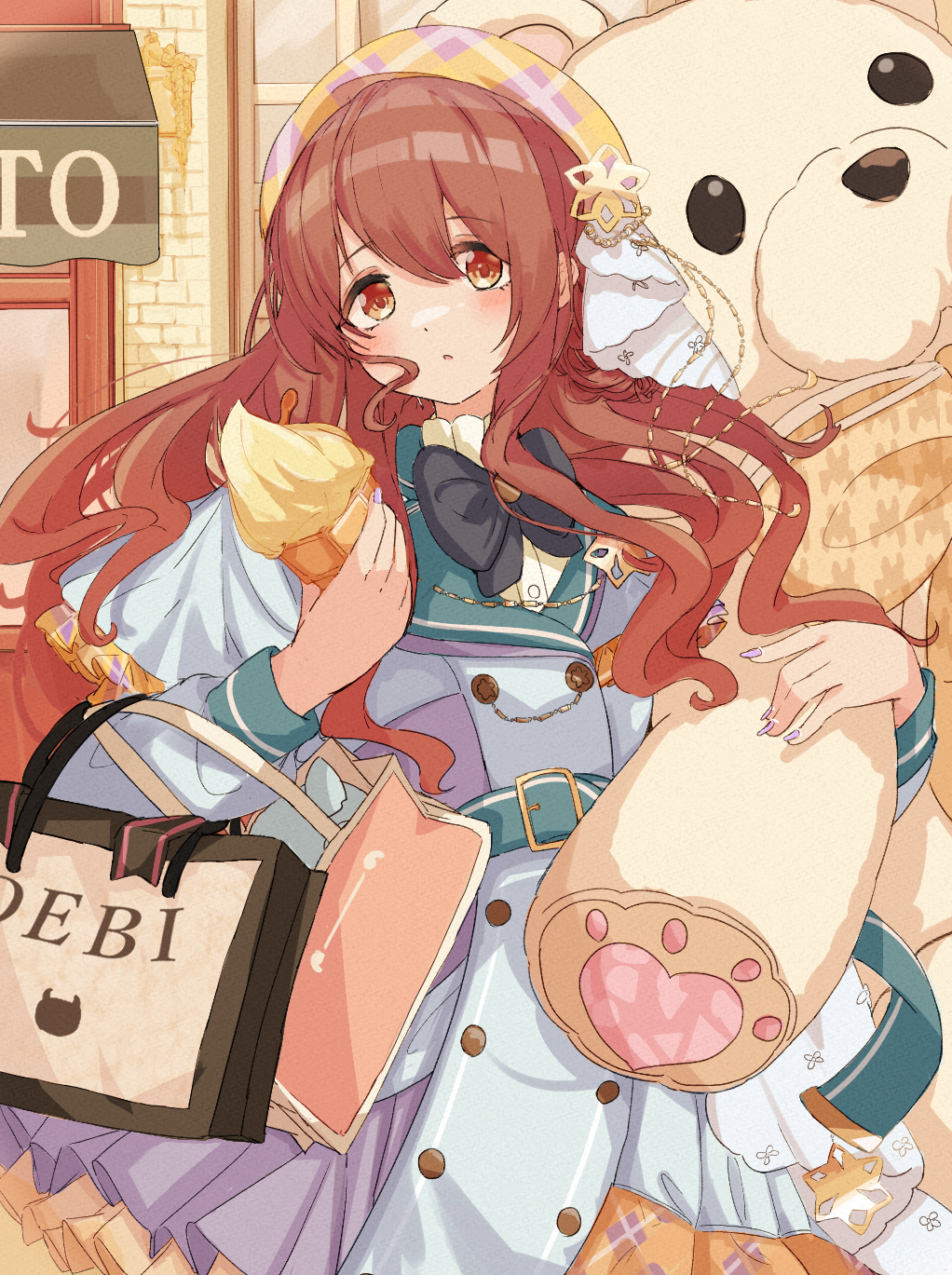 1girl :o bag beret black_bow black_bowtie blue_coat blush bow bowtie buttons coat cowboy_shot double-breasted food hat highres holding holding_bag holding_stuffed_toy ice_cream idolmaster idolmaster_shiny_colors long_hair official_alternate_costume osaki_tenka parted_lips plaid_headwear raichita red_eyes shopping_bag solo stuffed_animal stuffed_toy teddy_bear twintails yellow_eyes