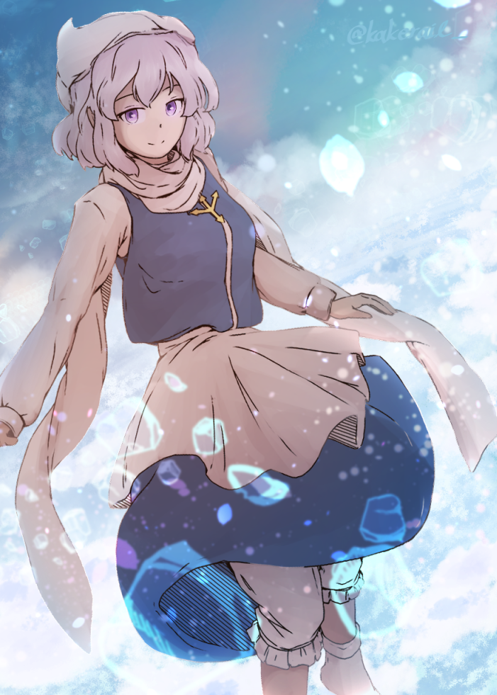 1girl apron bloomers blue_vest closed_mouth commentary_request feet_out_of_frame kakera_(comona_base) lapel_pin letty_whiterock light_purple_hair long_sleeves looking_at_viewer outdoors scarf short_hair smile snow solo touhou underwear vest violet_eyes white_apron white_headwear white_scarf