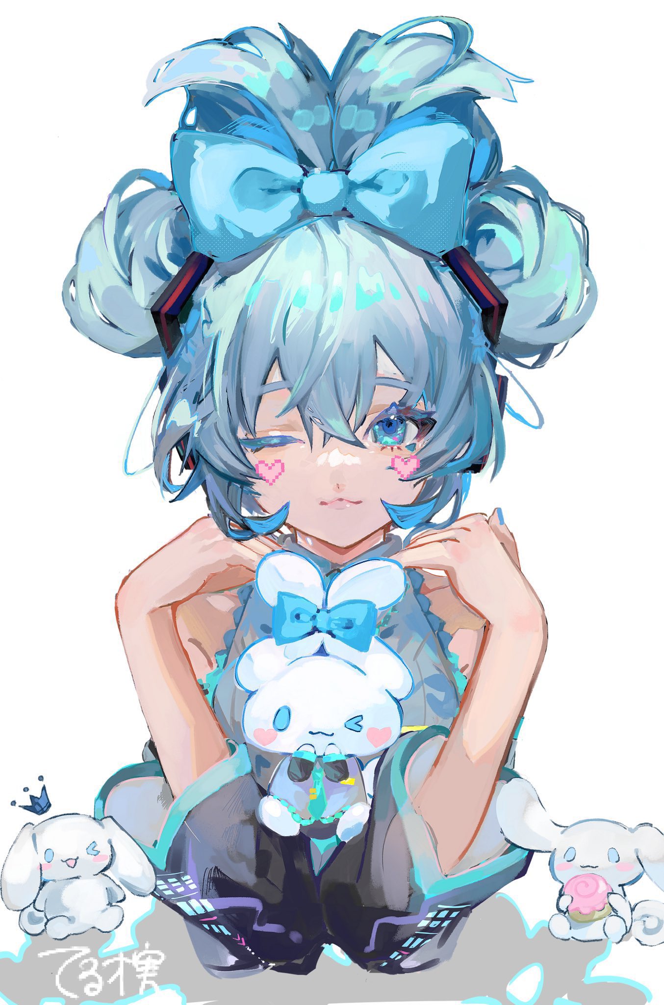 &gt;_o 1girl :3 black_sleeves blue_bow blue_eyes blush_stickers bow cinnamiku cinnamoroll closed_mouth cosplay detached_sleeves ear_bow folded_twintails grey_shirt hair_bow hatsune_miku hatsune_miku_(cosplay) highres long_sleeves one_eye_closed pixel_heart rabbit sanrio shirt simple_background smile solo tail_ear tied_ears updo vocaloid white_background