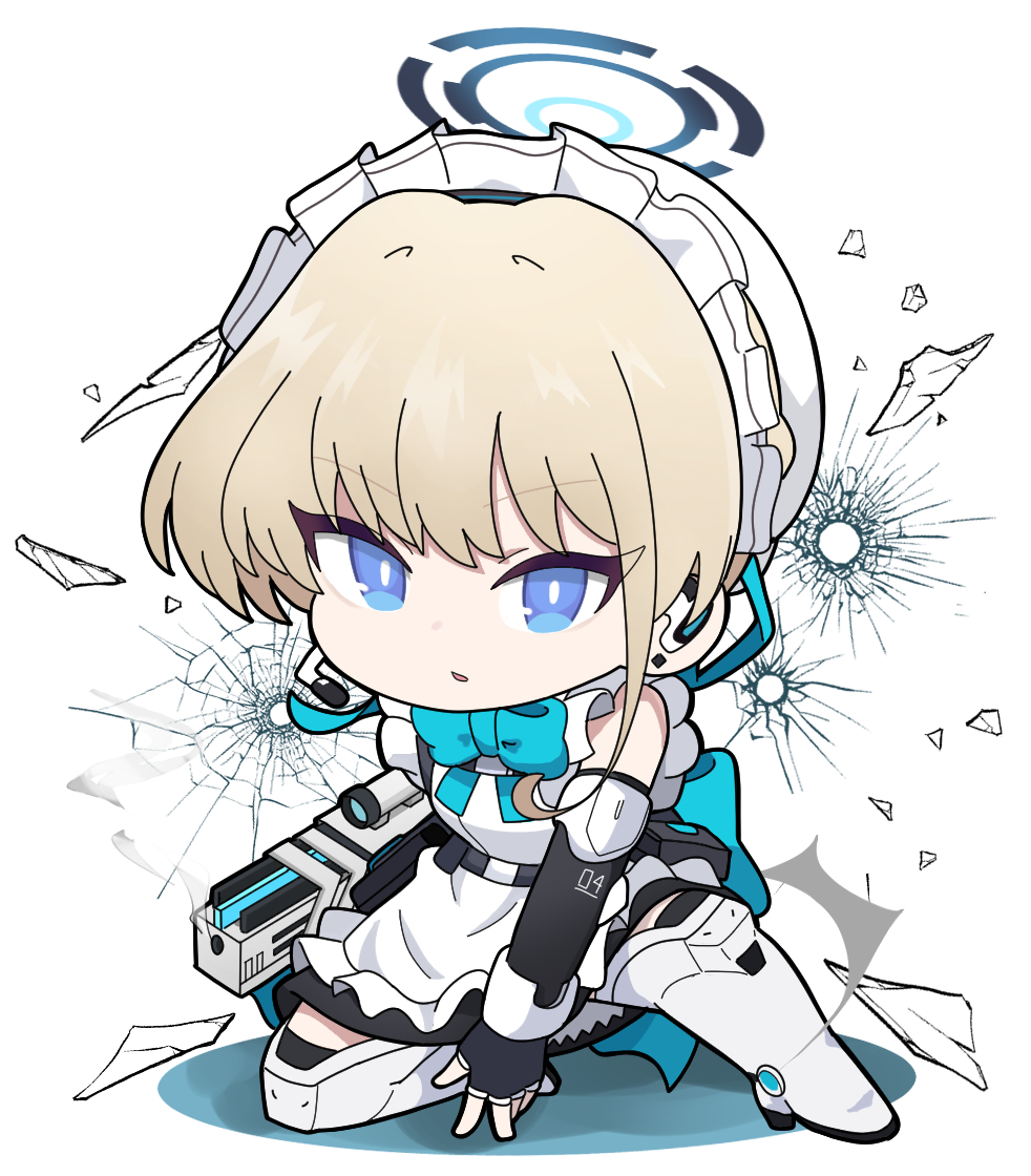 1girl apron black_dress black_gloves blonde_hair blue_archive blue_bow blue_eyes boots bow bullet_hole chibi commentary_request dress elbow_gloves fingerless_gloves frilled_apron frills full_body gloves halo headset looking_at_viewer maid maid_apron maid_headdress nyaru_(nyaru_4126) parted_lips simple_background sleeveless sleeveless_dress solo thigh_boots toki_(blue_archive) white_apron white_background white_footwear