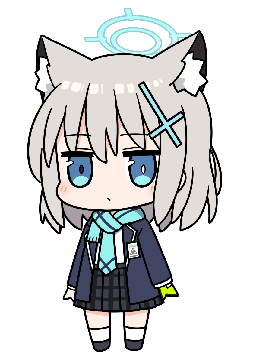 1girl animal_ear_fluff animal_ears bell_(oppore_coppore) black_footwear blazer blue_archive blue_jacket blue_necktie blue_scarf blush chibi closed_mouth commentary_request fringe_trim full_body gloves green_gloves grey_hair grey_skirt hair_between_eyes hair_ornament halo jacket looking_at_viewer necktie open_clothes open_jacket plaid plaid_skirt pleated_skirt scarf shiroko_(blue_archive) shoes simple_background single_glove skirt socks solo standing white_background white_socks