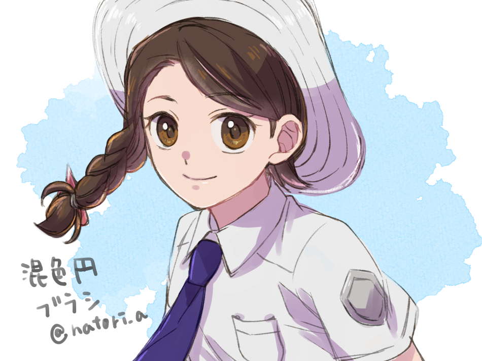 1girl braid breast_pocket brown_eyes brown_hair closed_mouth collared_shirt commentary_request eyelashes hat hatori_a juliana_(pokemon) necktie pocket pokemon pokemon_(game) pokemon_sv school_uniform shirt short_sleeves smile solo twitter_username upper_body watermark white_shirt