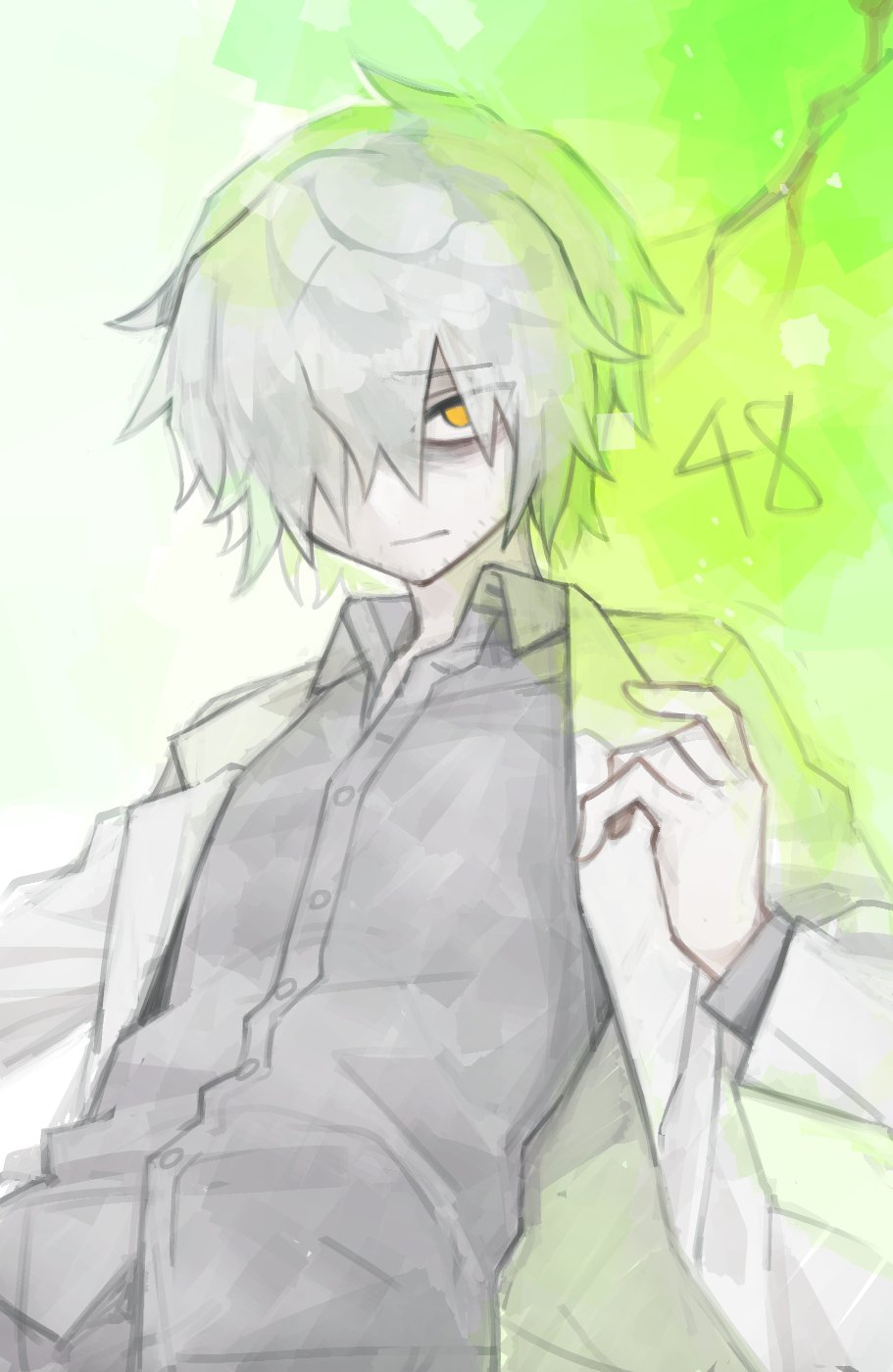 1boy abram_(project_moon) black_shirt coat collared_shirt commentary enkephalin_(project_moon) facial_hair friedbirdchips grey_hair highres lab_coat lobotomy_corporation long_sleeves male_focus project_moon shirt solo stubble upper_body white_coat wing_collar yellow_eyes