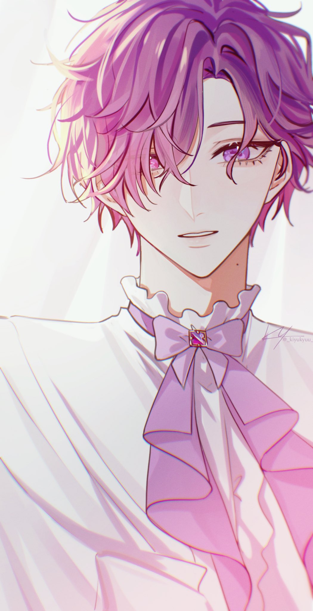 1boy artist_name backlighting bow bowtie brooch commentary curtains english_commentary eyelashes frilled_shirt_collar frills gem gradient_hair hair_over_one_eye heterochromia highres jewelry kiyukyuu looking_at_viewer male_focus mole mole_on_neck multicolored_hair nijisanji nijisanji_en parted_bangs parted_lips pink_eyes pink_hair purple_bow purple_bowtie purple_gemstone purple_hair shirt short_hair sidelocks signature solo swept_bangs twitter_username uki_violeta upper_body violet_eyes virtual_youtuber watermark white_shirt