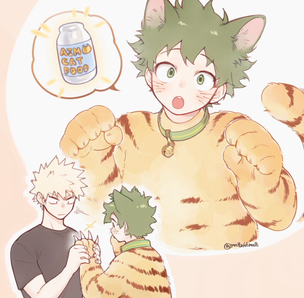 2boys :o animal_costume animal_ears animal_hands bakugou_katsuki bell belt_collar black_shirt blonde_hair blush bodysuit boku_no_hero_academia bottle brown_background cat_costume cat_ears cat_paws cat_symbol cat_tail claws closed_mouth collar commentary cosplay costume cropped_torso curly_hair english_text fingernails freckles green_eyes green_hair green_pupils hand_grab hands_up head_tilt jingle_bell kigurumi looking_at_another looking_at_hand looking_at_viewer looking_down male_focus meltnotmelt midoriya_izuku multiple_boys multiple_views open_mouth outline paw_pose profile red_eyes shirt short_hair short_sleeves sparkle speech_bubble spiky_hair spoken_food surprised symbol-only_commentary t-shirt tail teeth twitter_username two-tone_background upper_teeth_only v-shaped_eyebrows whiskers white_background white_outline wide-eyed