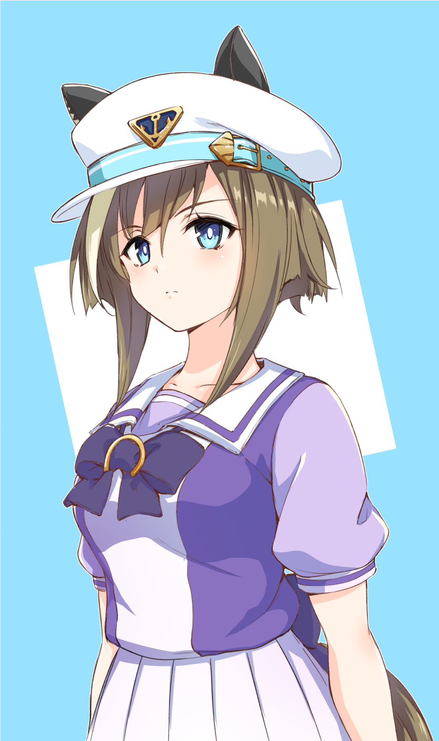 1girl animal_ears blue_background blue_eyes breasts brown_hair brown_tail cheval_grand_(umamusume) closed_mouth hamao hat highres horse_ears horse_girl horse_tail large_breasts purple_shirt sailor_hat school_uniform shirt short_hair short_sleeves skirt solo tail tracen_school_uniform umamusume white_headwear white_skirt